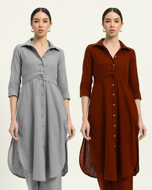 Combo: Iced Grey & Russet Red Bellisimo Belted Solid Kurta