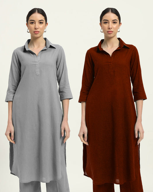 Combo: Iced Grey & Russet Red Collar Comfort Solid Kurta