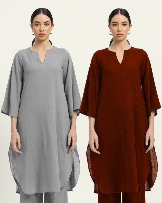 Combo: Iced Grey & Russet Red Rounded Reverie Solid Kurta