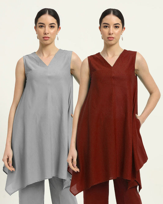 Combo: Iced Grey & Russet Red Midsummer Dream Solid Kurta