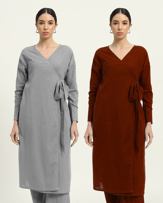 Combo: Iced Grey & Russet Red Boho Harmony Flared Solid Kurta