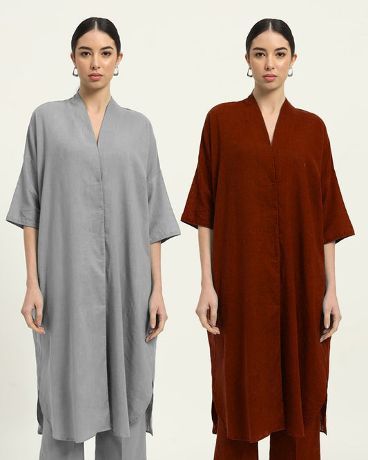 Combo: Iced Grey & Russet Red Serene Sojourn V Neck Solid Kurta