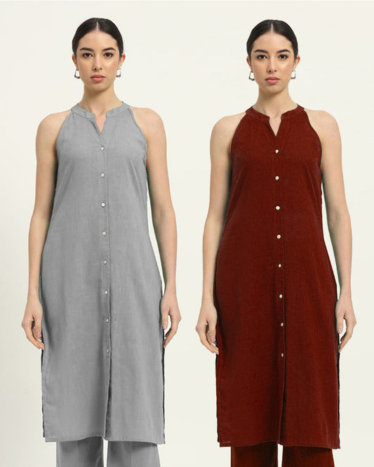 Combo: Iced Grey & Russet Red Mermaid Button Down Solid Kurta