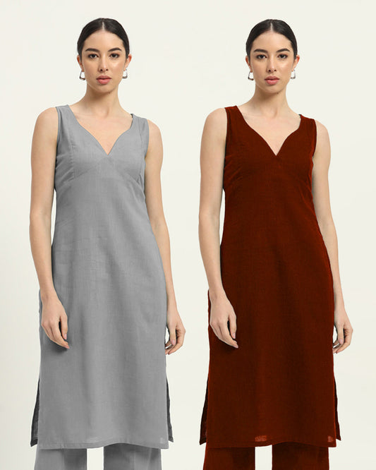 Combo: Iced Grey & Russet Red Modern Muse Sweetheart Solid Kurta