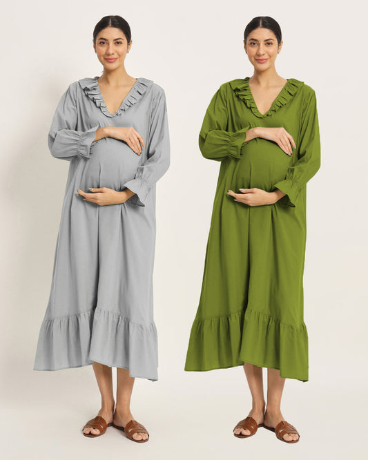 Combo: Iced grey & Sage Green Flow Mama Maternity & Nursing Dress - Set of 2