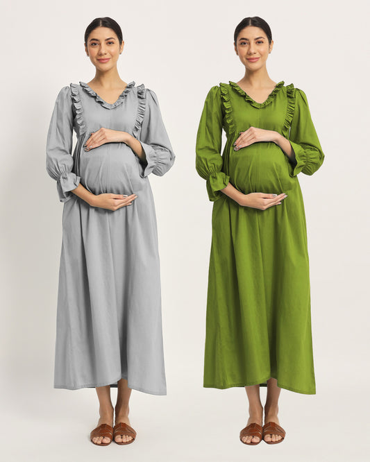 Combo: Iced Grey & Sage Green Functional Flow Maternity & Nursing Dress - Set of 2