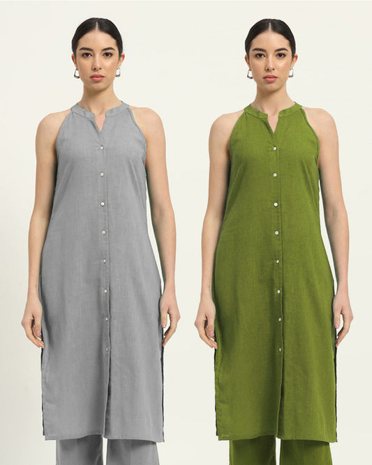 Combo: Iced Grey & Sage Green Mermaid Button Down Solid Kurta