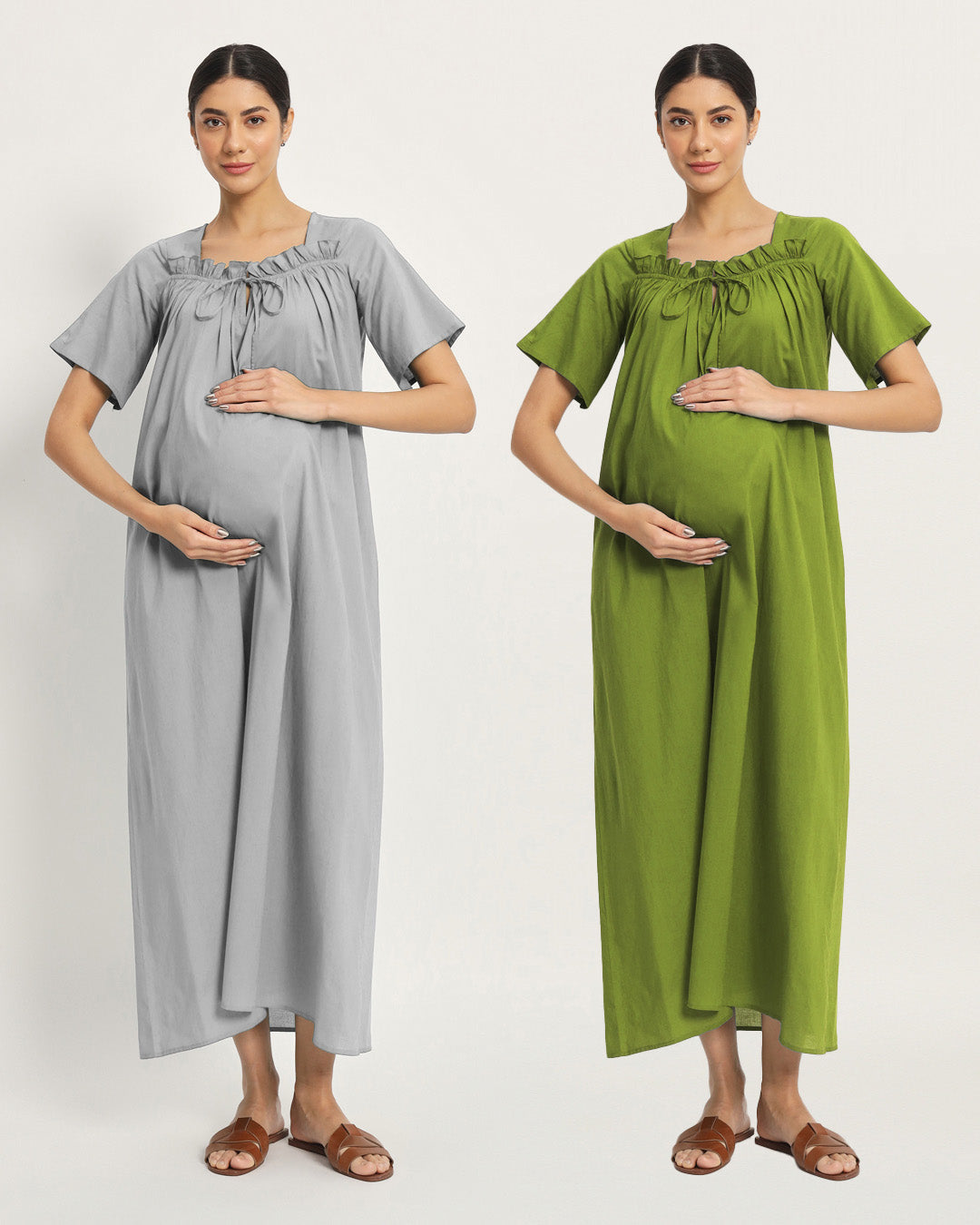 Combo: Iced Grey & Sage Green Nurture N' Shine Maternity & Nursing Dress
