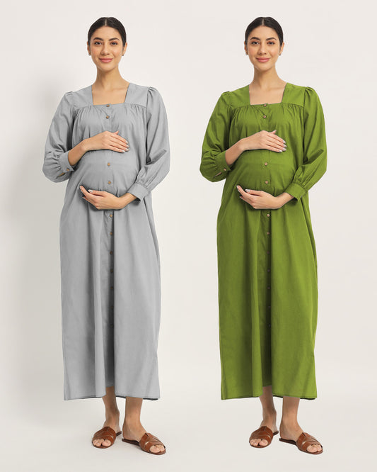 Combo: Iced Grey & Sage Green Belly Blossom Maternity & Nursing Dress-Set of 2