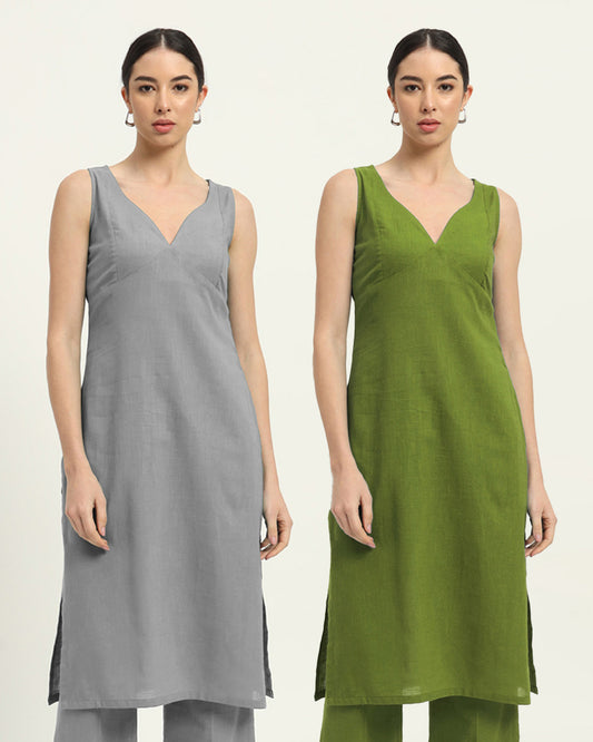 Combo: Iced Grey & Sage Green Modern Muse Sweetheart Solid Kurta