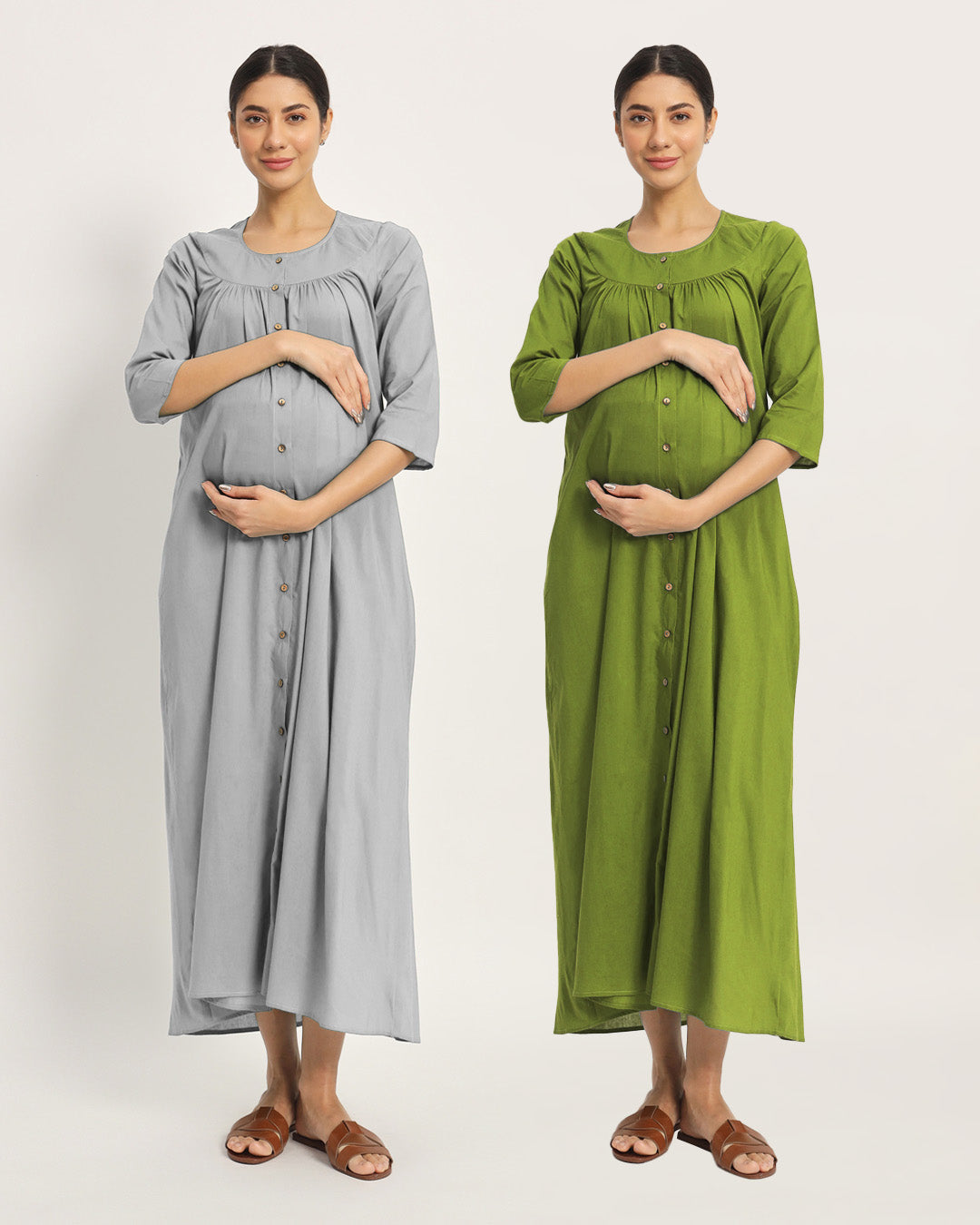 Combo: Iced Grey & Sage Green Mommy Glow Maternity & Nursing Dress