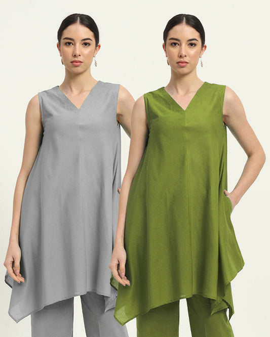 Combo: Iced Grey & Sage Green Midsummer Dream Solid Kurta