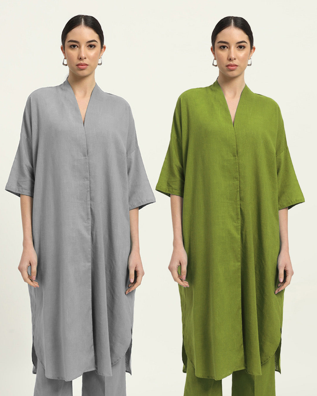 Combo: Iced Grey & Sage Green Serene Sojourn V Neck Solid Kurta