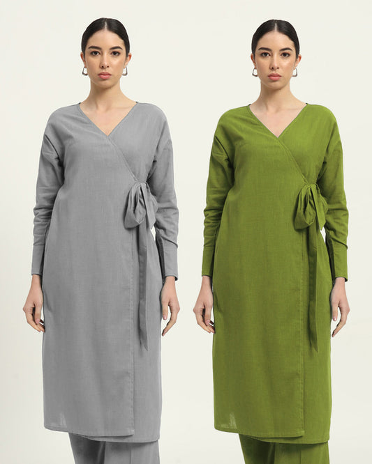 Combo: Iced Grey & Sage Green Ribbon Wrap Solid Kurta