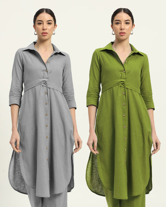 Combo: Iced Grey & Sage Green Bellisimo Belted Solid Kurta