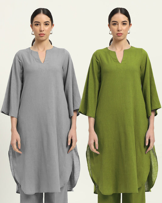 Combo: Iced Grey & Sage Green Rounded Reverie Solid Kurta