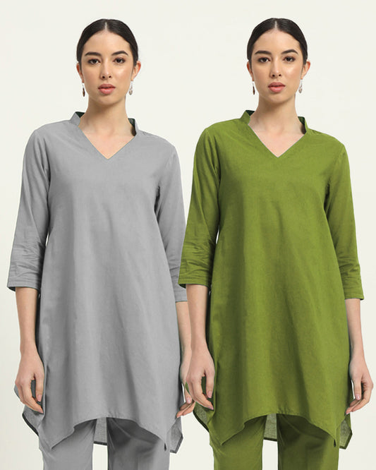 Combo: Iced Grey & Sage Green Fresh Fusion Collar V Solid Kurta