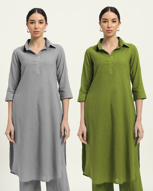 Combo: Iced Grey & Sage Green Collar Comfort Solid Kurta