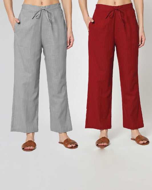 Combo: Iced Grey & Classic Red Straight Pants- Set of 2