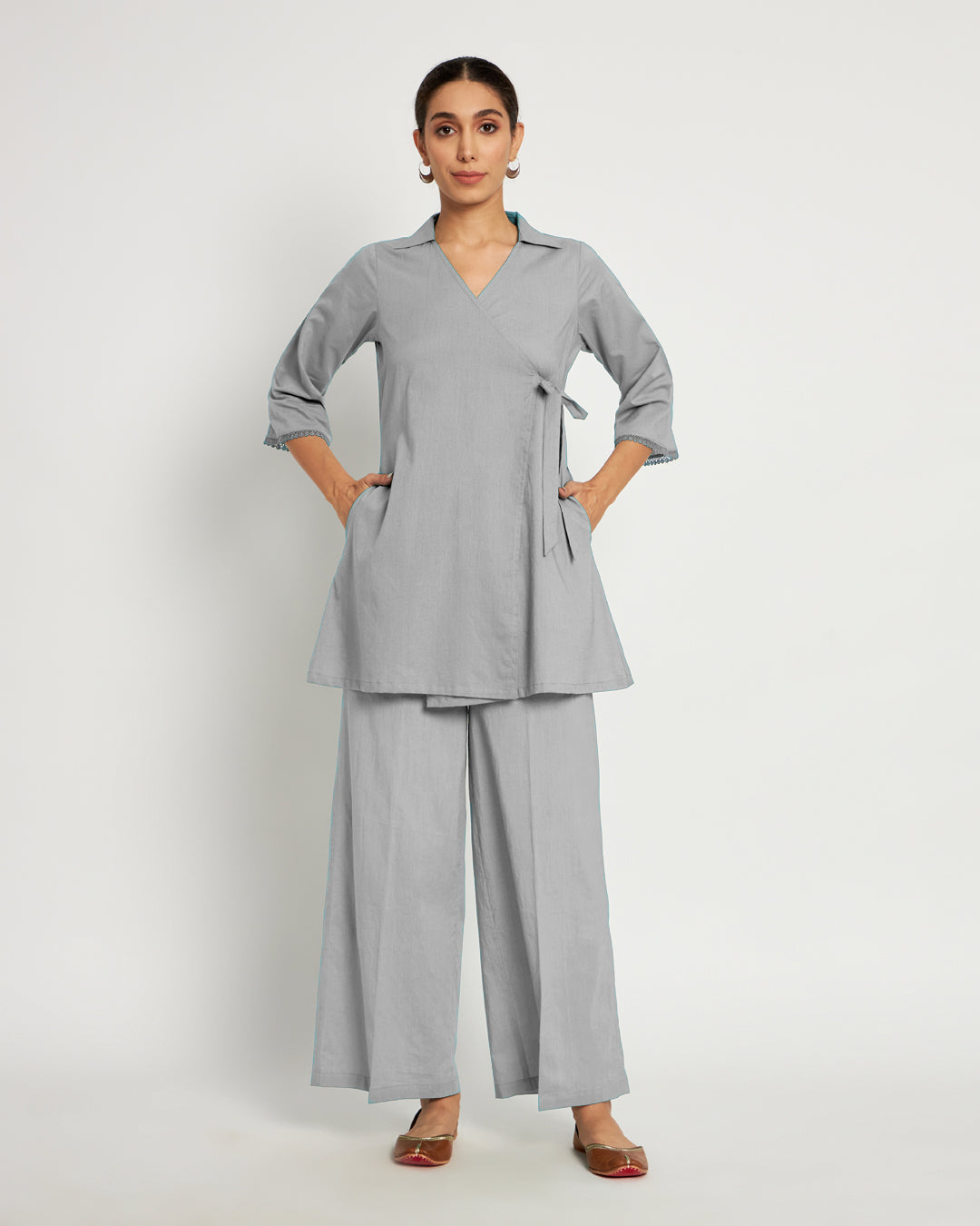 Iced Grey Collar Neck Angrakha Solid Top (Without Bottoms)