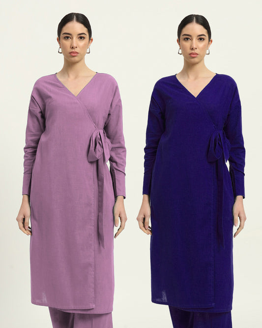 Combo: Iris Pink & Aurora Purple Ribbon Wrap Solid Kurta