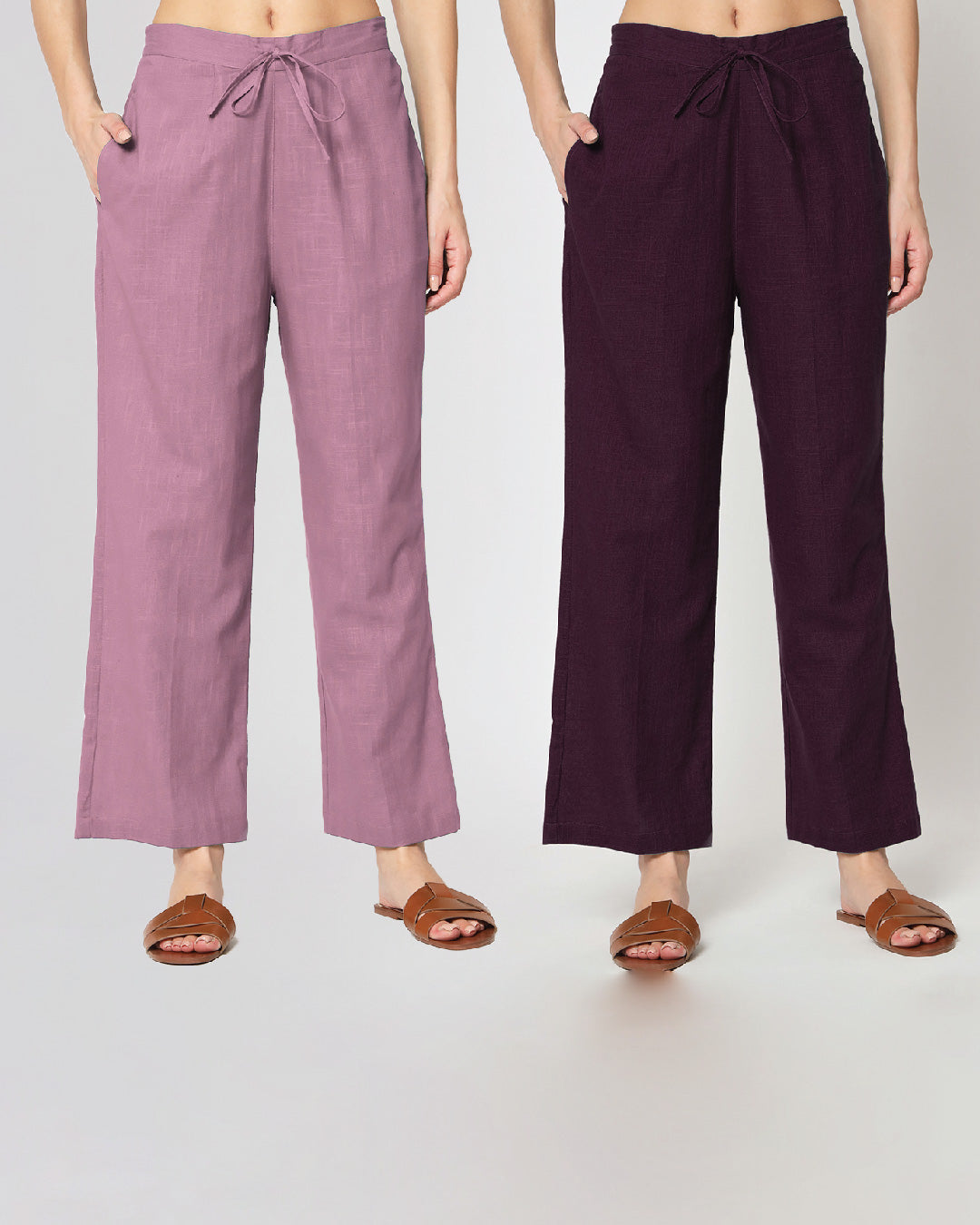 Combo: Iris Pink & Plum Passion Straight Pants- Set of 2