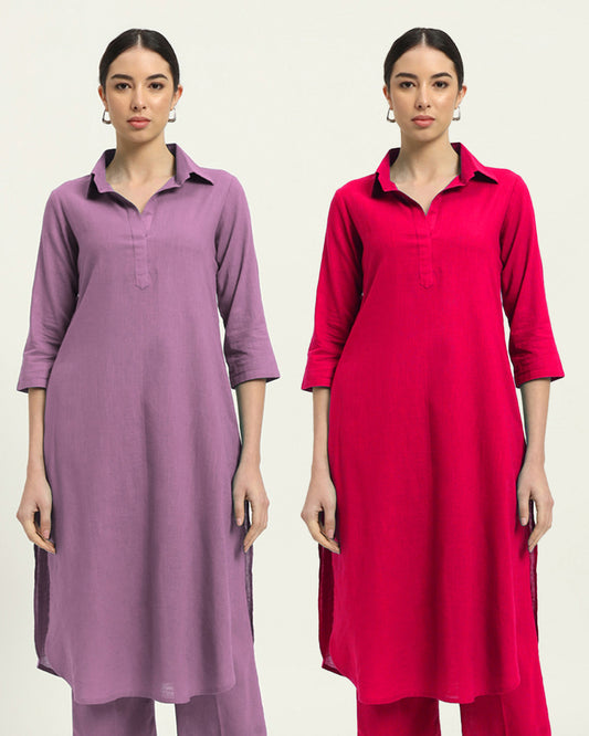 Combo: Iris Pink & Queens Gulabi Collar Comfort Solid Kurta