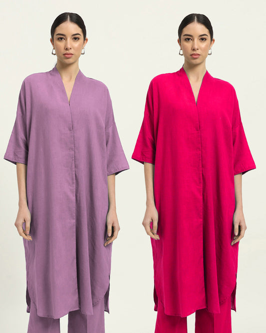 Combo: Iris Purple & Queen's Gulabi Serene Sojourn V Neck Solid Kurta