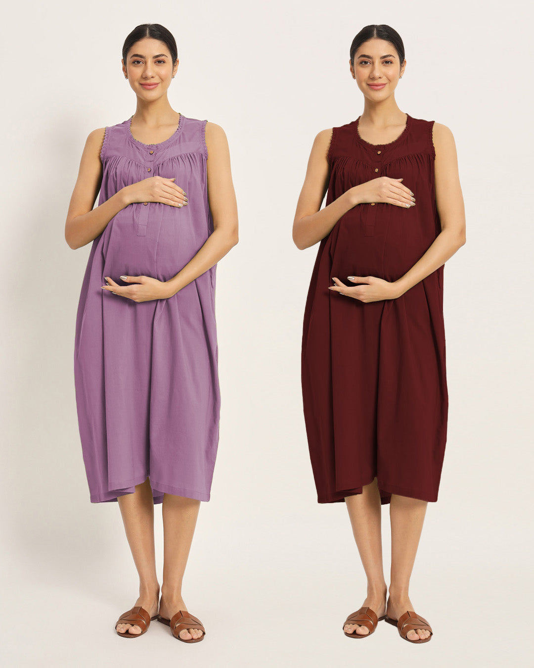 Combo: Iris Pink & Russet Red Pregnan-Queen Maternity & Nursing Dress