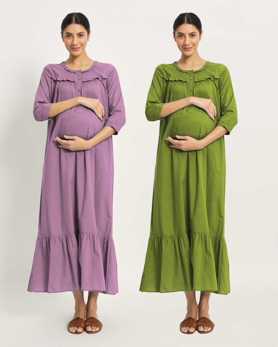 Combo: Iris Pink & Sage Green Bella Mama Maternity & Nursing Dress-Set of 2