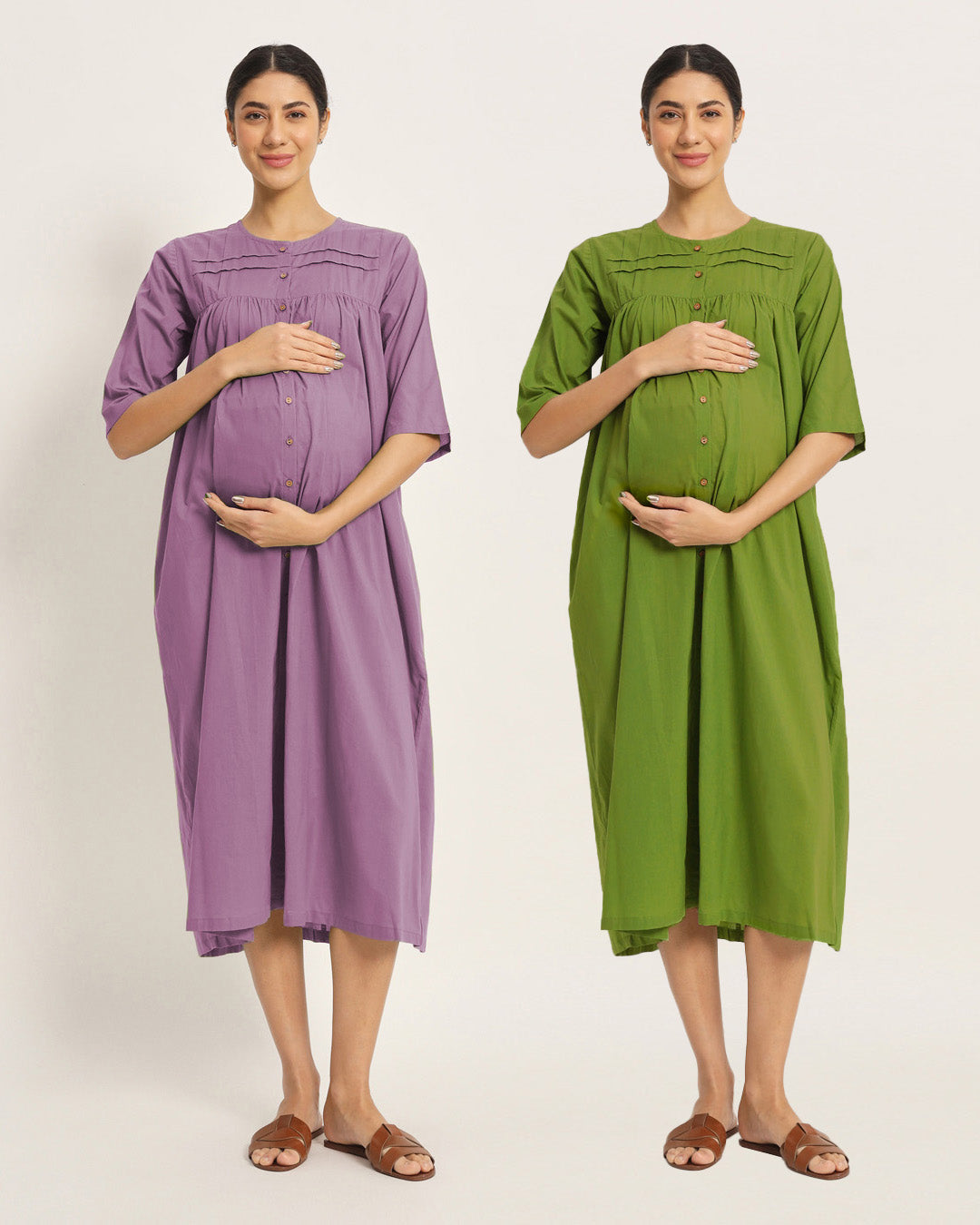 Combo: Iris Pink & Sage Green Mommy-to-Be Marvel Maternity & Nursing Dress