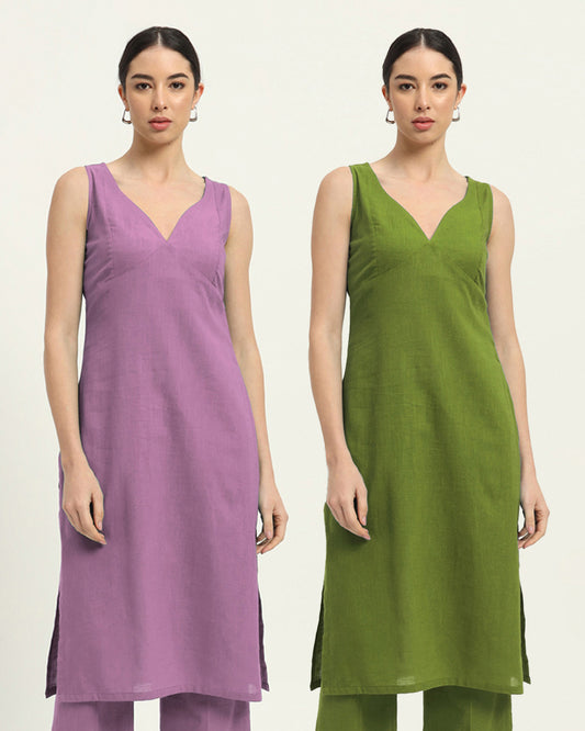 Combo: Iris Pink & Sage Green Modern Muse Sweetheart Solid Kurta