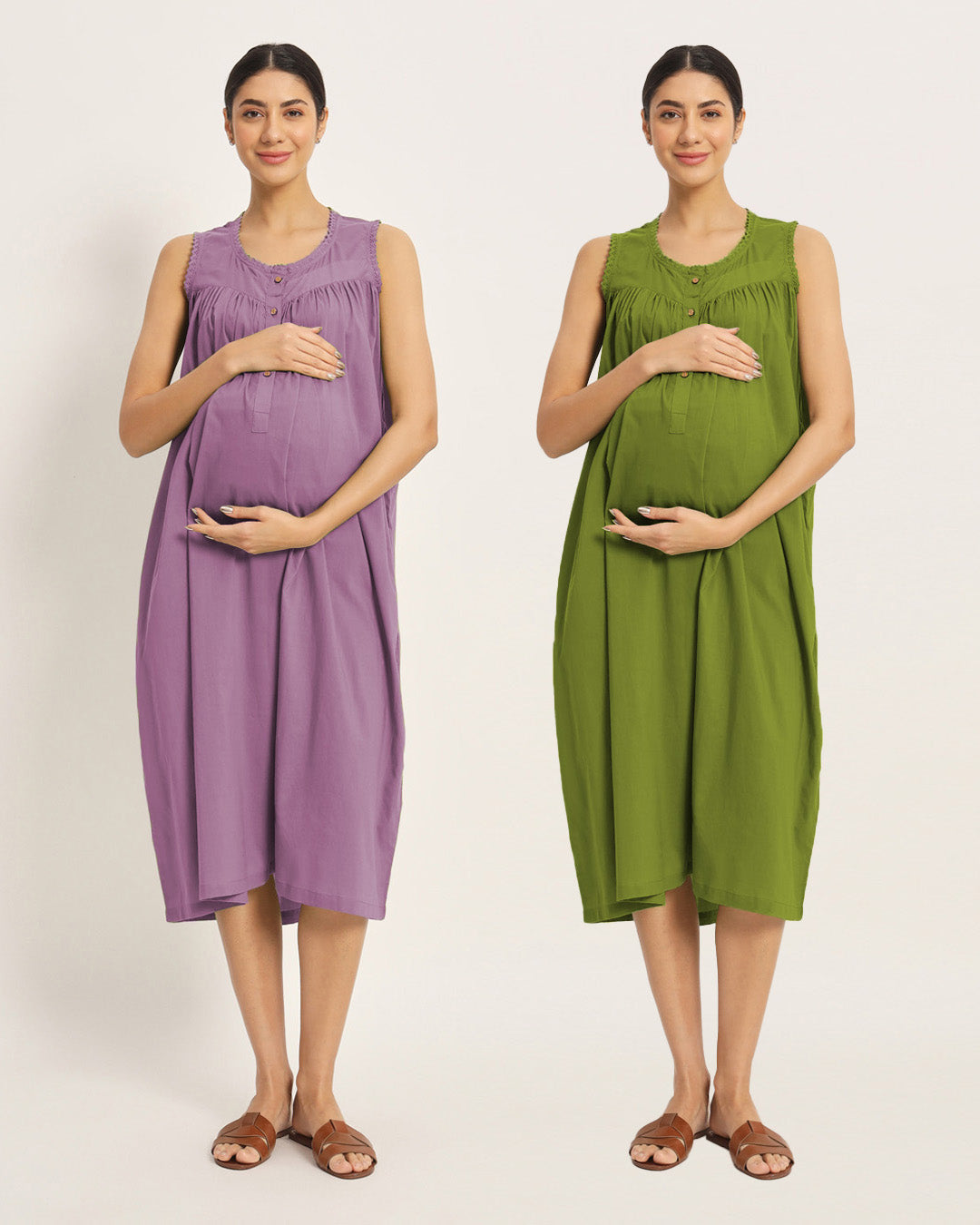 Combo: Iris Pink & Sage Green Pregnan-Queen Maternity & Nursing Dress