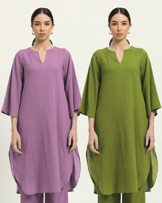 Combo: Iris Pink & Sage Green Rounded Reverie Solid Kurta