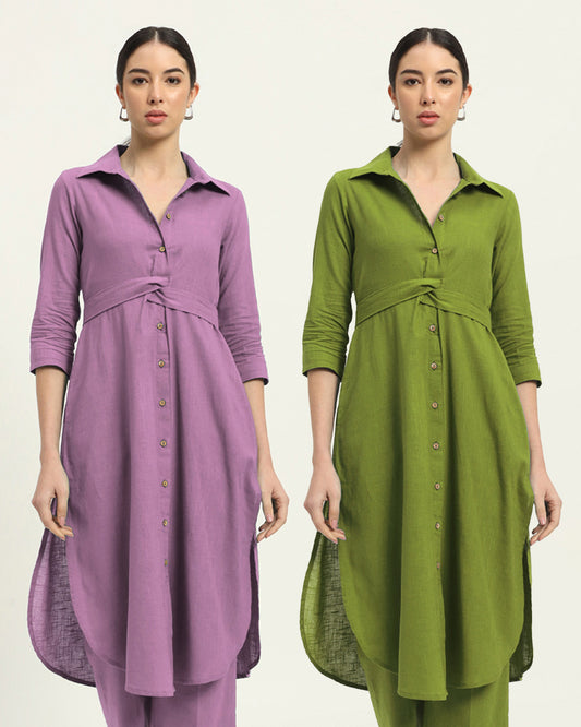 Combo: Iris Pink & Sage Green Bellisimo Belted Solid Kurta