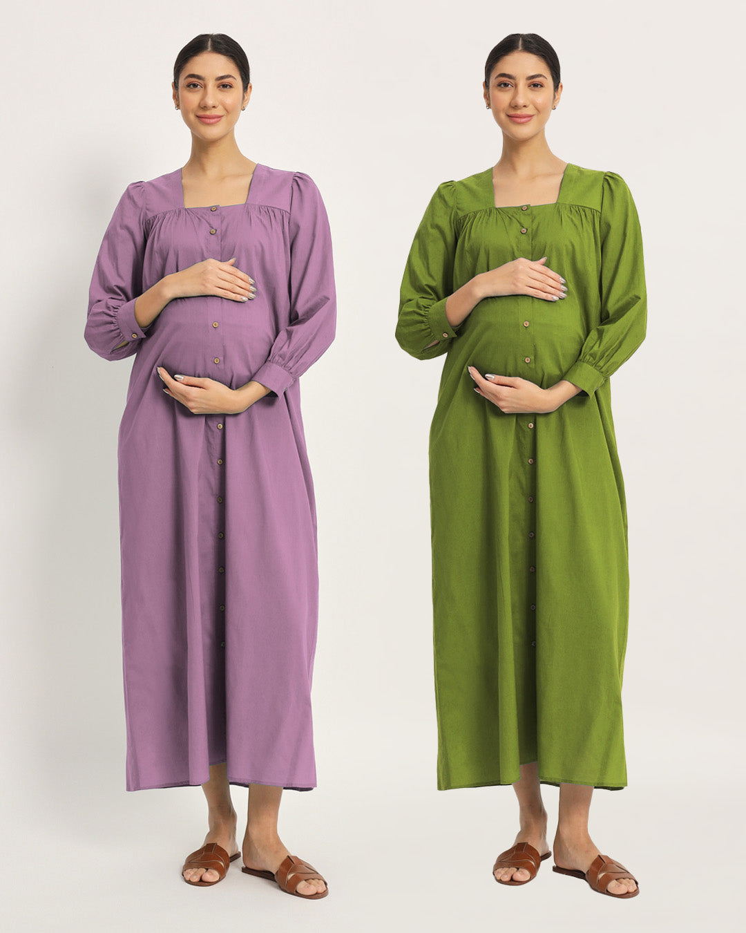 Combo: Iris Pink & Sage Green Belly Blossom Maternity & Nursing Dress-Set of 2