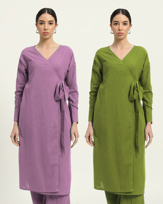 Combo: Iris Pink & Sage Green Boho Harmony Flared Solid Kurta