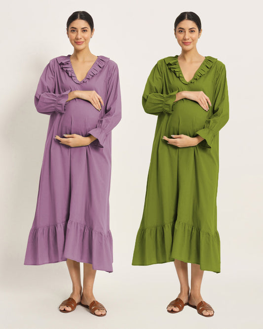 Combo: Iris Pink & Sage Green Flow Mama Maternity & Nursing Dress - Set of 2