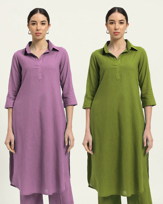 Combo: Iris Pink & Sage Green Collar Comfort Solid Kurta