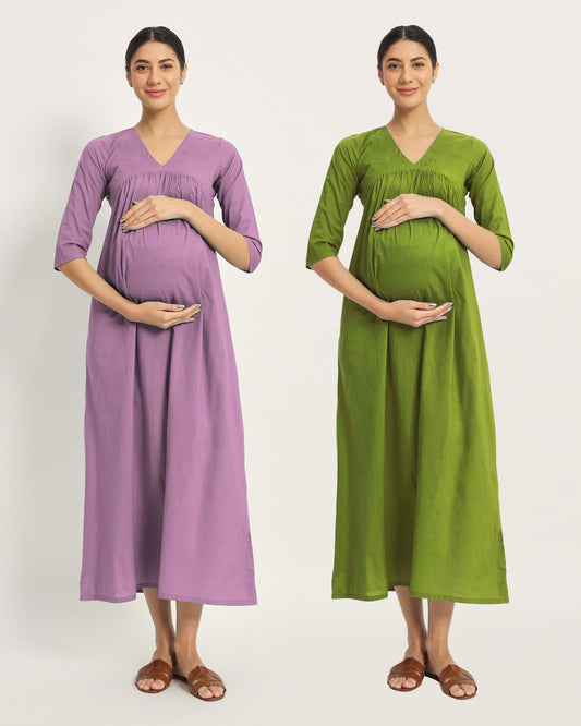 Combo: Iris Pink & Sage Green Bump Comfort Maternity & Nursing Dress - Set of 2