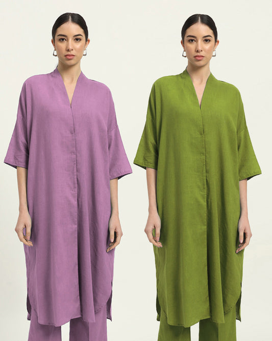 Combo: Iris Purple & Sage Green Serene Sojourn V Neck Solid Kurta