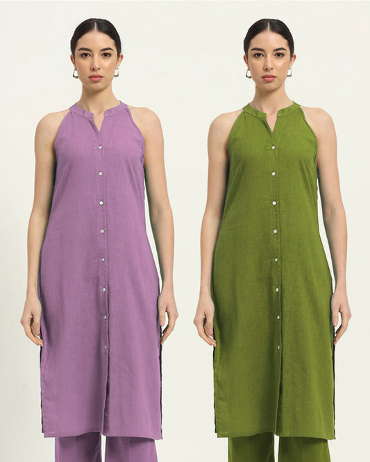 Combo: Iris Pink & Sage Green Mermaid Button Down Solid Kurta