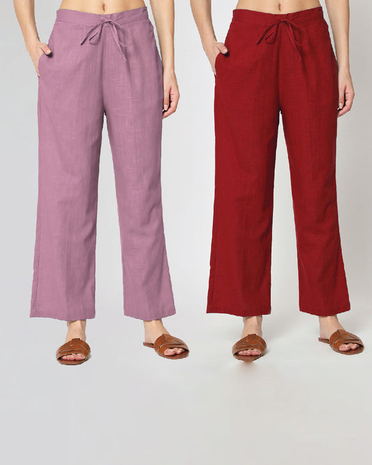 Combo: Iris Pink & Classic Red Straight Pants- Set of 2