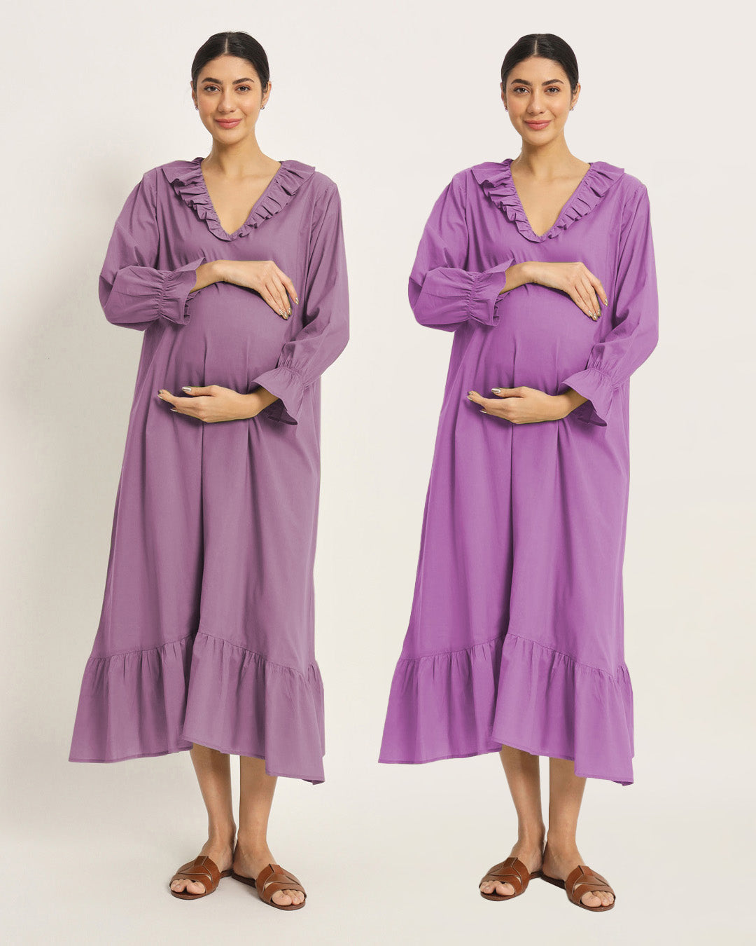 Combo: Iris Pink & Wisteria Purple Flow Mama Maternity & Nursing Dress - Set of 2
