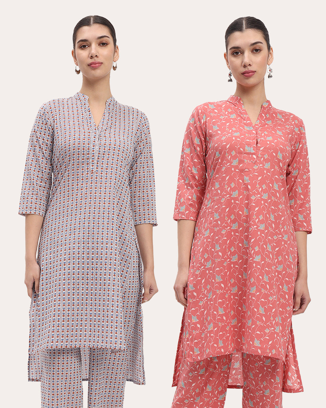 Combo: Ivory Quadrangle & English Floral Garden High-Low Printed Kurta (Without Bottoms)