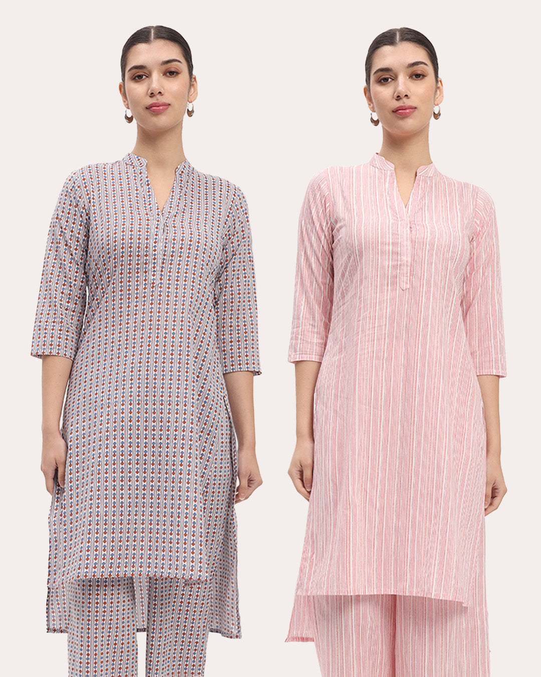Copy of Combo: Ivory Quadrangle & Pink Chic Lines High-Low Printed Kurta (Without Bottoms)