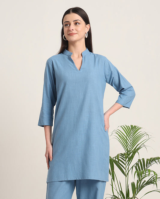 Blue Dawn Collar Neck Mid Length Solid Kurta (Without Bottoms)