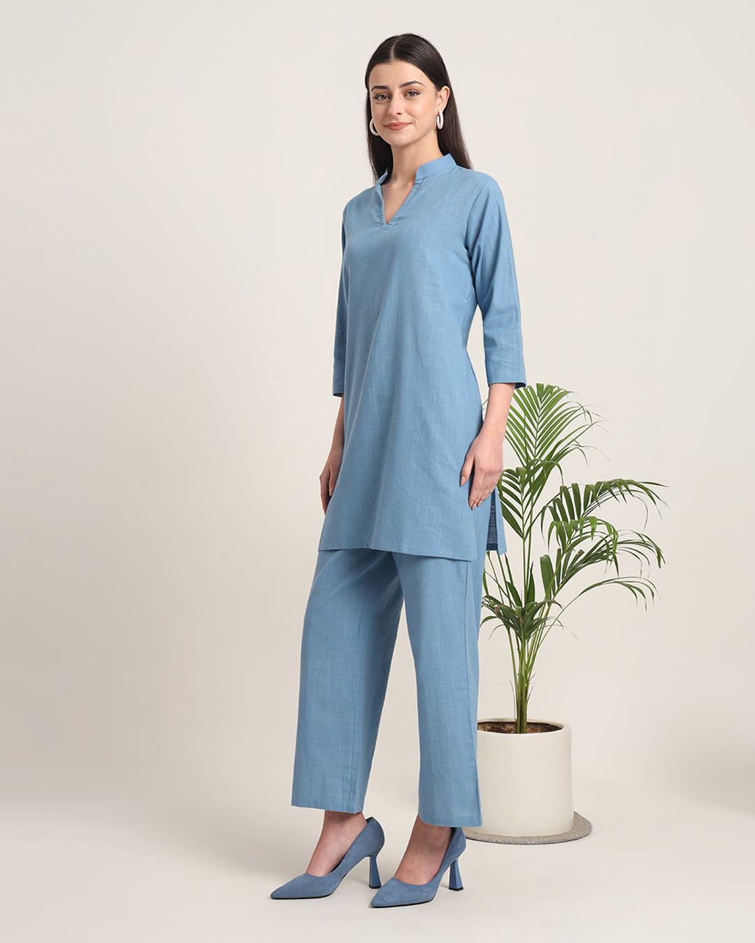 Blue Dawn Collar Neck Mid Length Solid Kurta (Without Bottoms)