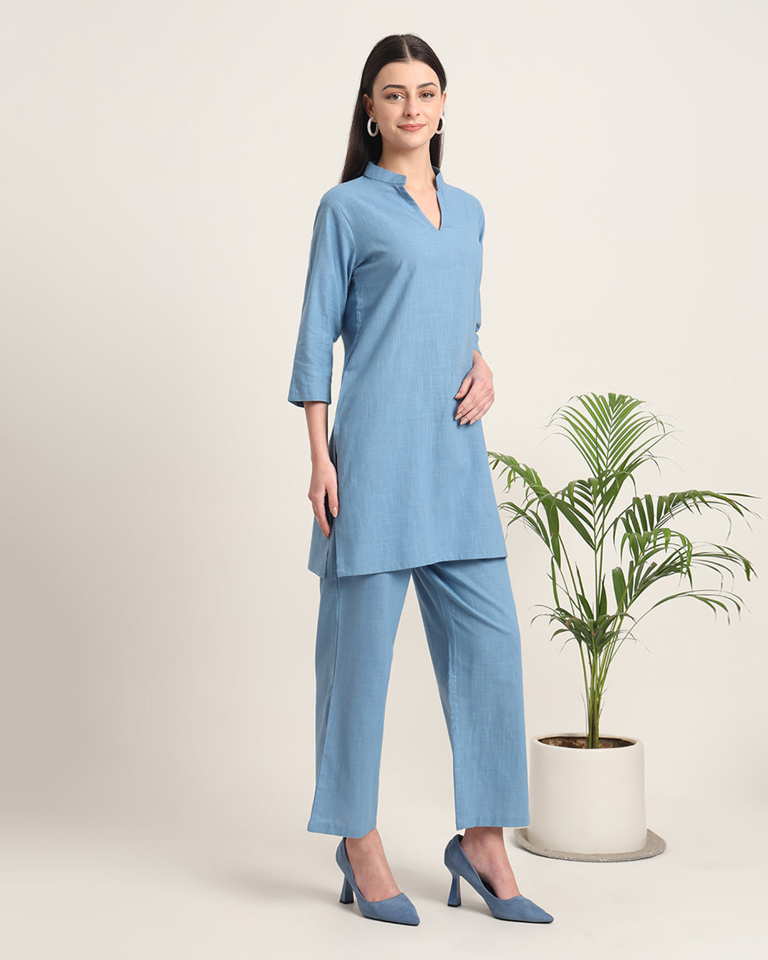 Blue Dawn Collar Neck Mid Length Solid Kurta (Without Bottoms)