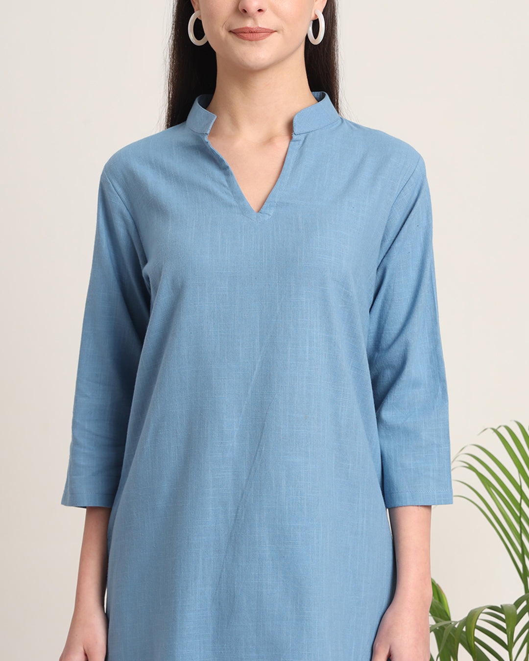 Blue Dawn Collar Neck Mid Length Solid Kurta (Without Bottoms)